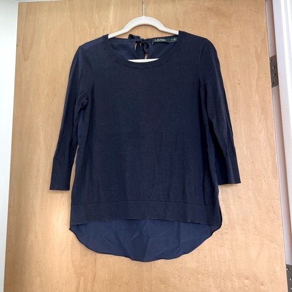 Lauren Ralph Lauren Keyhole Tie Back Cotton Sweater, Navy Blue, Size Small - Picture 1 of 7